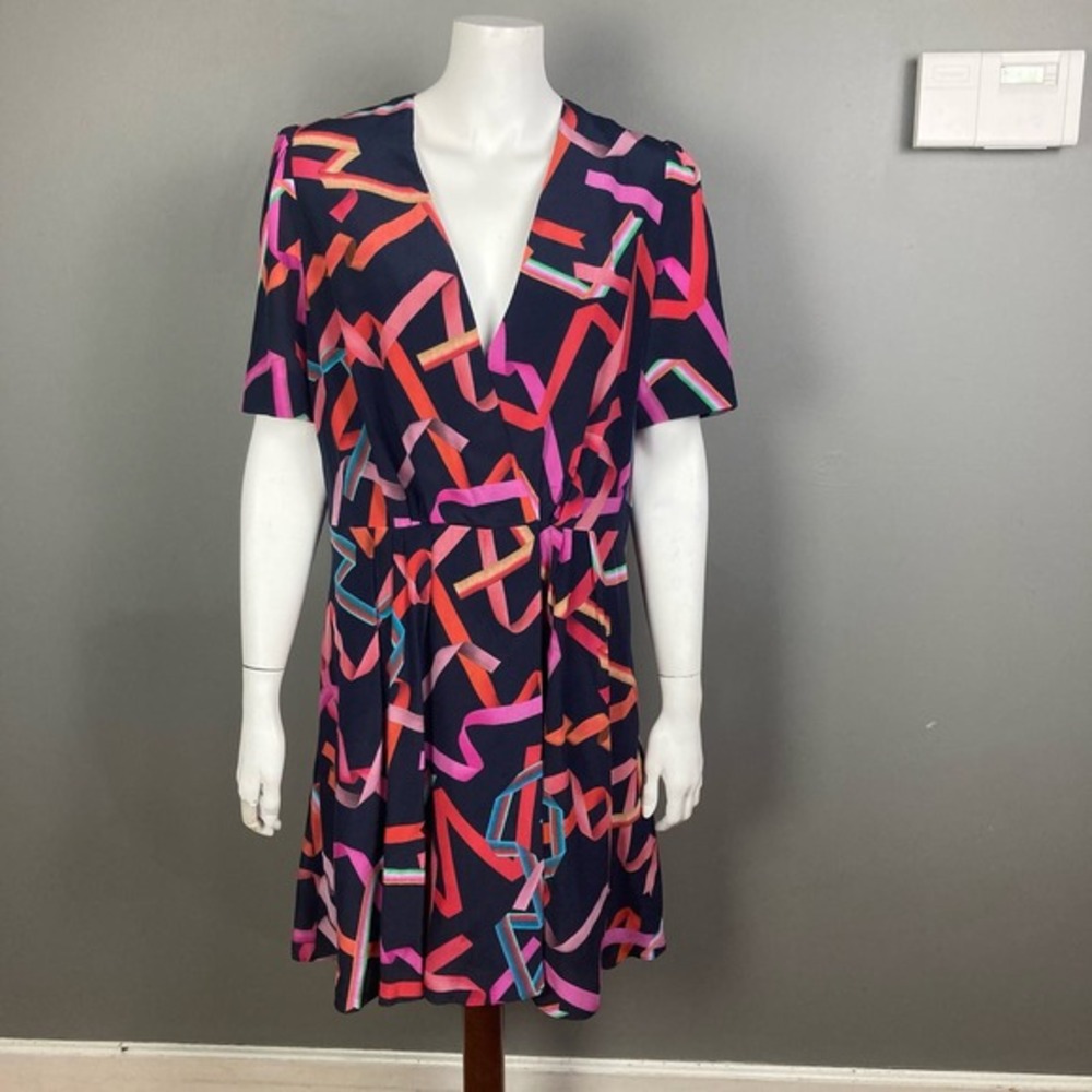 Paul Smith Dress Size 10 large IT 46 100% Silk Wrap Pleated Retro Black Print